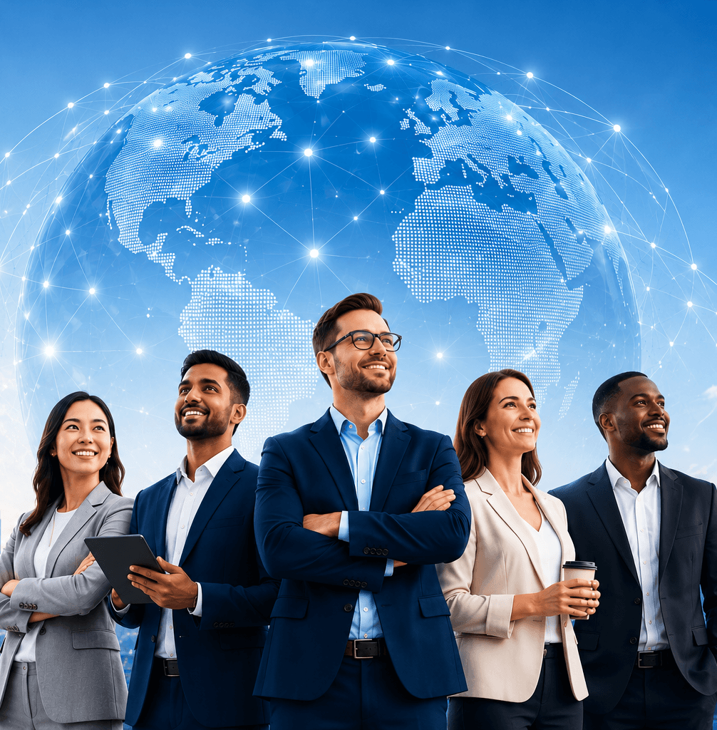 A diverse team of professionals standing in front of a connected digital globe