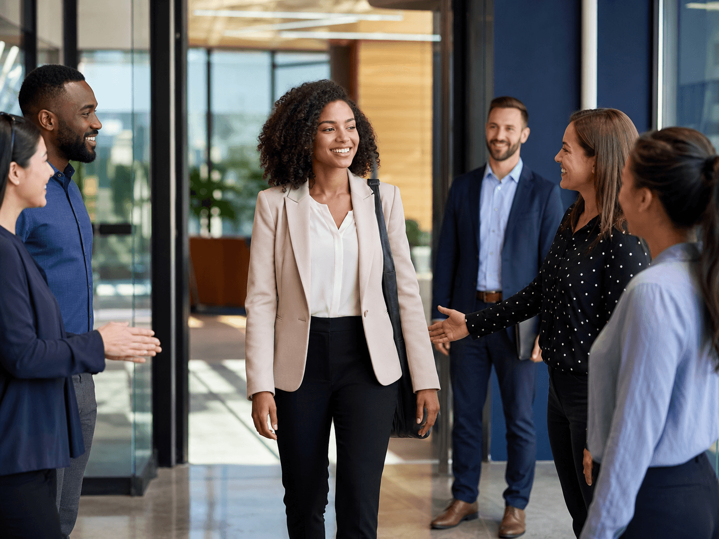 A professional being welcomed by her new colleagues on her first day